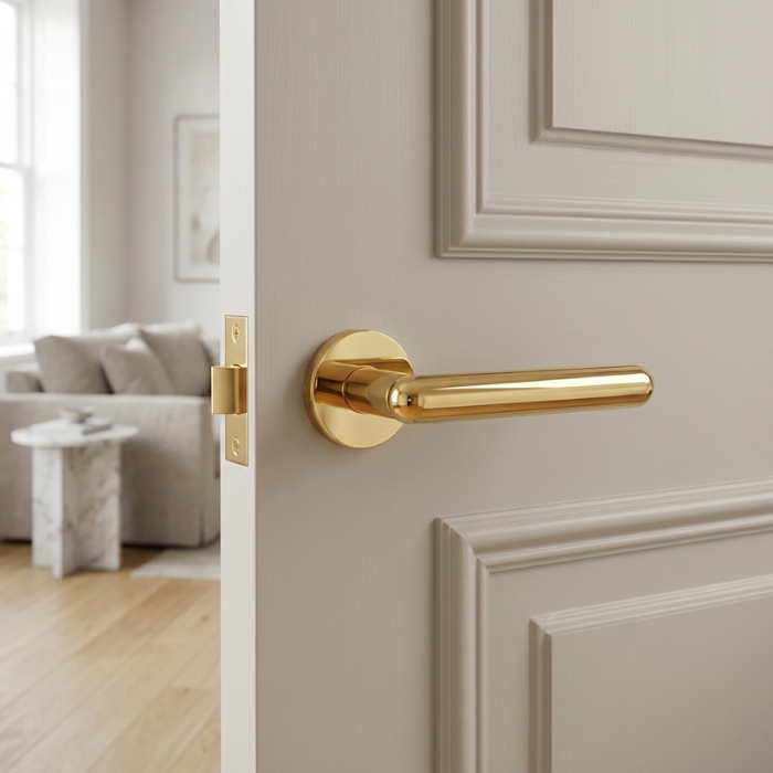 Asteria - Polished Gold Asteria on Round Rosette in polished gold, a bright versatile classic door handle on a light neutral interior door.