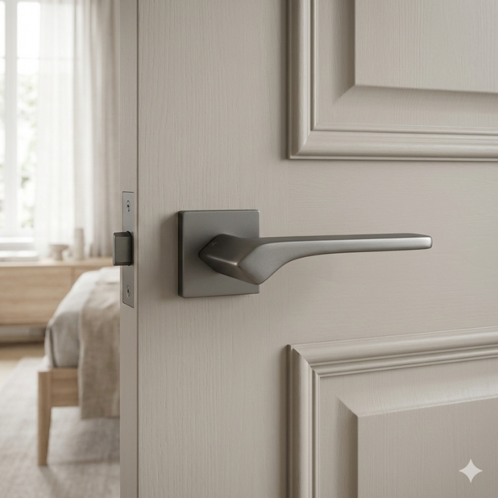 Bergenia - Graphite Bergenia on Square Rosette in graphite, an understated choice for elegant door handles for internal doors on a neutral panelled door.