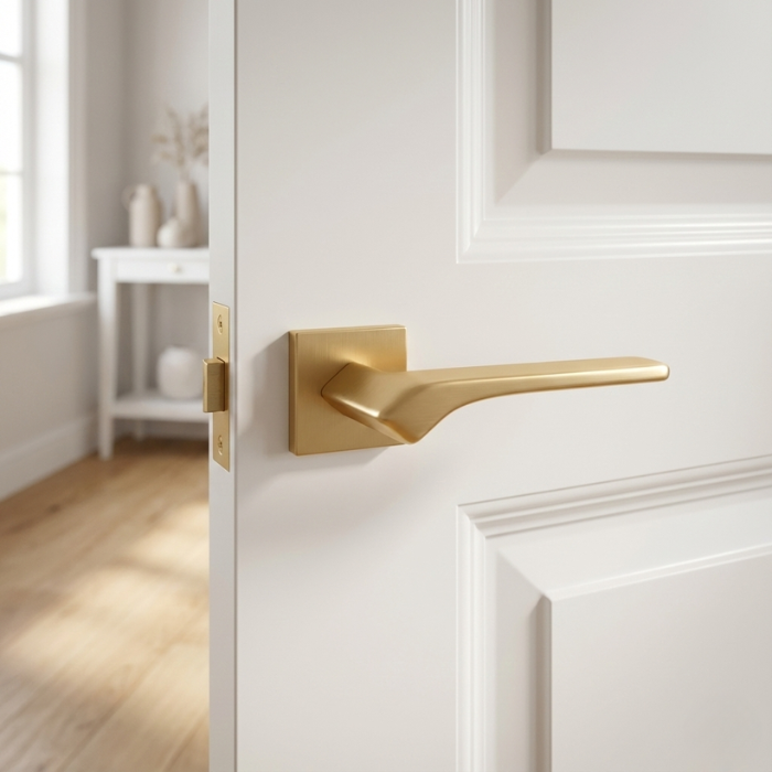 Bergenia - Matt Gold Bergenia on Square Rosette in matt gold, an elevated option for elegant door handles for internal doors on a white interior door.