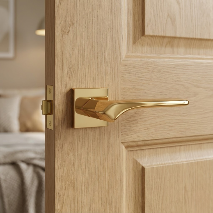 Bergenia - PVD Gold Bergenia on Square Rosette in PVD gold, a luxurious elegant door handle for internal doors set against a light oak door.