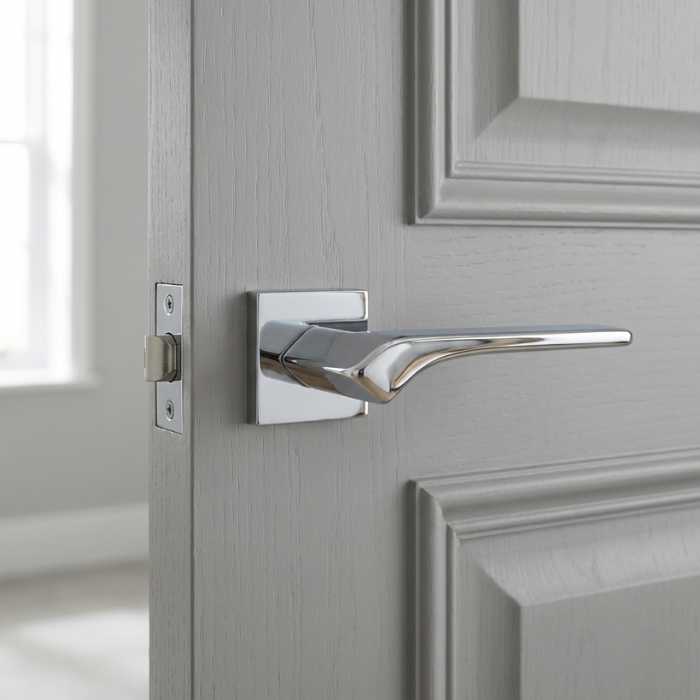 Bergenia - Polished Chrome Bergenia on Square Rosette in polished chrome, a reflective elegant door handle for internal doors installed on a grey panelled door.