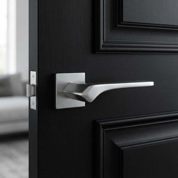 Bergenia - Satin Chrome Bergenia on Square Rosette in satin chrome, a sleek elegant door handle for internal doors on a modern black panelled door.