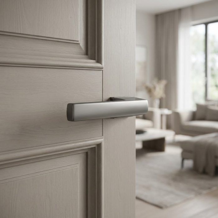 Brisa - Graphite Brisa on Hidden Rosette in graphite, showcasing durable internal door handles on a modern panelled door.