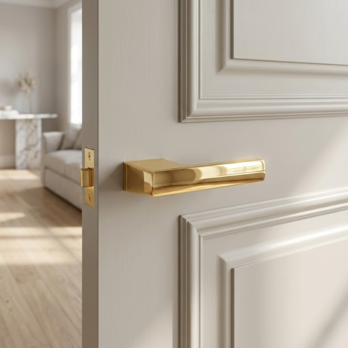 Brisa - PVD Gold Brisa on Hidden Rosette in PVD gold, featuring durable internal door handles on a neutral interior door.