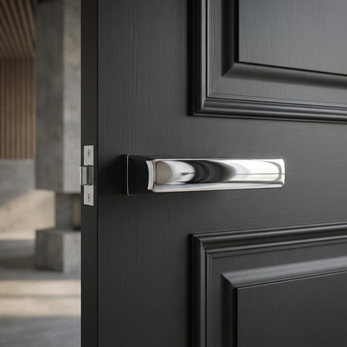Brisa - Polished Chrome Brisa on Hidden Rosette in polished chrome, presenting durable internal door handles on a dark panelled door.