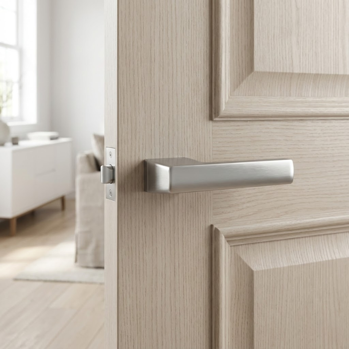 Brisa - Satin Chrome Brisa on Hidden Rosette in satin chrome, showcasing durable internal door handles on a light oak interior door.