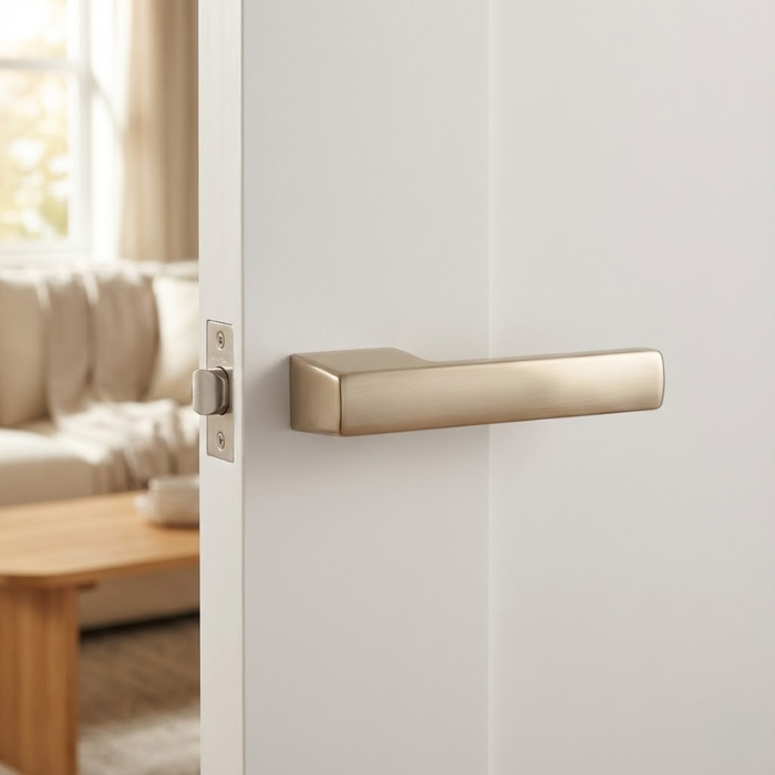 Brisa - Satin Nickel Brisa on Hidden Rosette in satin nickel, highlighting durable internal door handles on a white interior door.