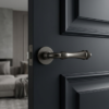 Stylish internal door handles – Camelia on Round Rosette in graphite finish, featuring a classic turned lever design on a dark painted interior door.
