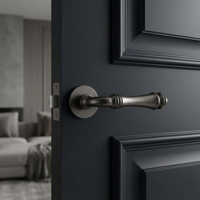 Camelia - Graphite Stylish internal door handles – Camelia on Round Rosette in graphite finish, featuring a classic turned lever design on a dark painted interior door.