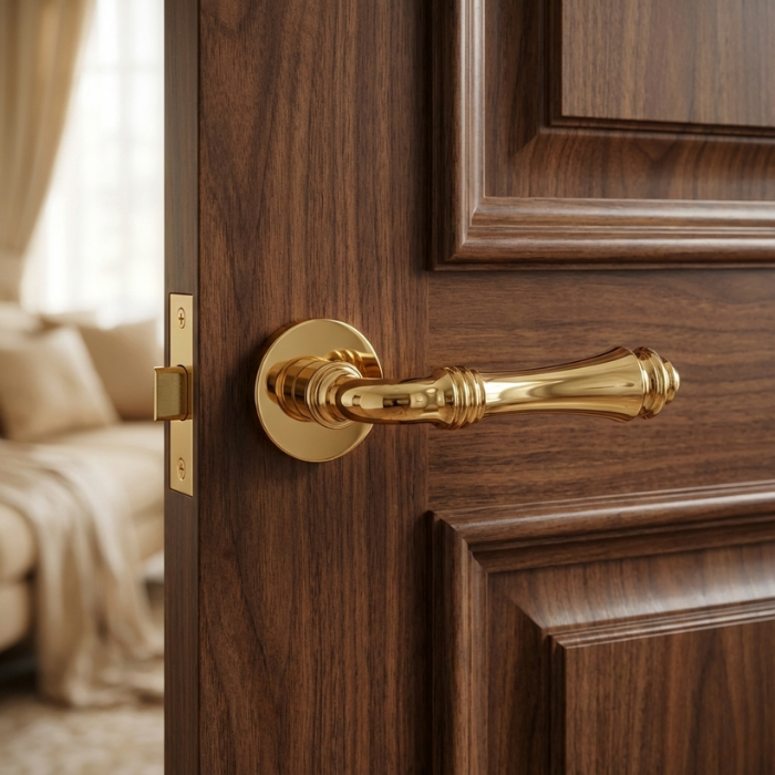Camelia - Polished Gold Stylish internal door handles – Camelia on Round Rosette in polished gold, showcasing an elegant traditional lever on a rich wooden internal door.