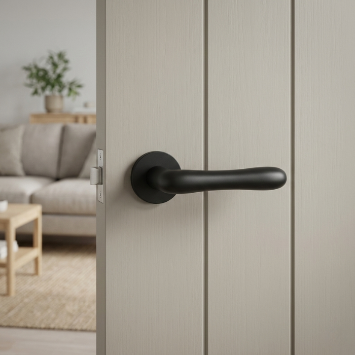Cynia - Matt Black Cynia on Round Rosette in matt black, luxury lever internal door handles displayed on a contemporary neutral-toned door.