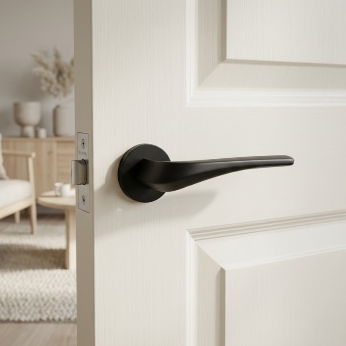 Dalia - Matt Black Dalia on Round Rosette in matt black finish, showcasing sleek designer internal door handles on a modern white door.