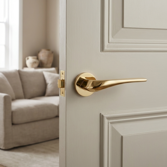 Dalia - Polished Gold Dalia on Round Rosette in polished gold, offering a high-shine statement look for designer internal door handles on a neutral interior door.