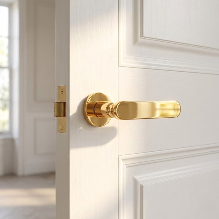 Deglasia - Polished Gold Deglasia on Round Rosette in polished gold finish, featuring high-end internal door handles on a white interior door with elegant detailing.