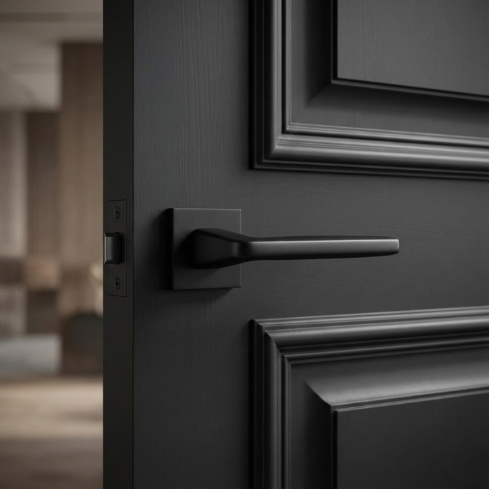 Erba - Matt Black Erba on Square Rosette in matt black finish, showcasing modern square internal door handles on a dark panelled internal door.