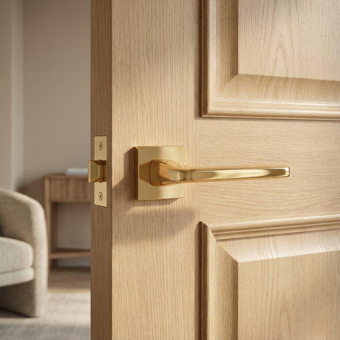 Erba - PVD Gold Erba on Square Rosette in premium PVD gold, elegant modern square internal door handles on a natural wood internal door.