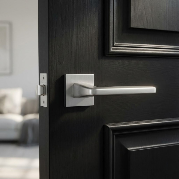 Erba - Satin Chrome Erba on Square Rosette in satin chrome, sleek modern square internal door handles mounted on a black interior door.