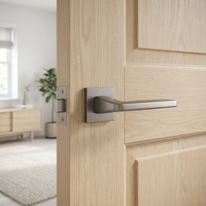 Erba - Titanium Erba on Square Rosette in titanium finish, durable modern square internal door handles fitted to an oak internal door.