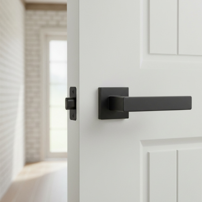 Erica - Matt Black Bold internal door handles in matt black, displaying the Erica lever on a square rosette installed on a white internal door with strong contemporary styling.