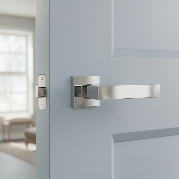 Erica - Polished Chrome Bold internal door handles in polished chrome, featuring the Erica lever on a square rosette fitted to a pale blue internal door in a modern living space.