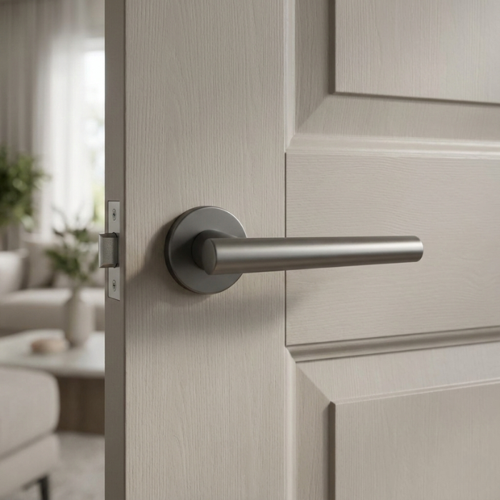Euphorbia - Graphite Sleek curved door handle in graphite finish, Euphorbia on Round Rosette, fitted to a light wood internal door.