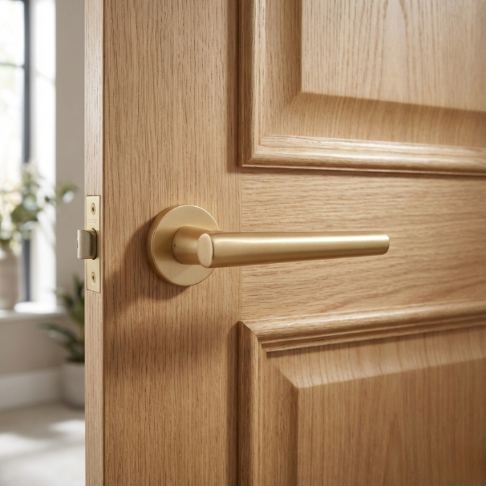 Euphorbia - Matt Gold Sleek curved door handle in matt gold finish, Euphorbia on Round Rosette, styled on a natural oak internal door.