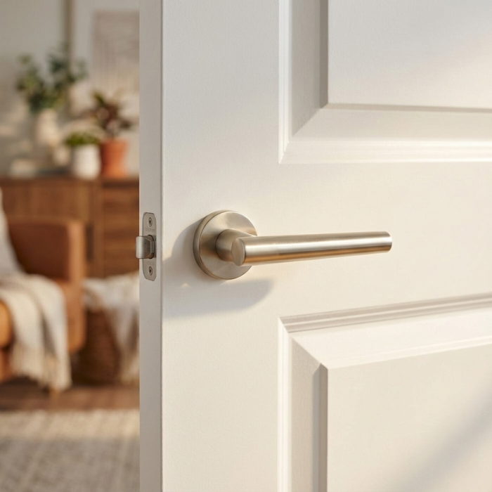 Euphorbia - Satin Nickel Sleek curved door handle in satin nickel finish, Euphorbia on Round Rosette, installed on a white internal door.