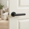 Fragola on Round Rosette luxury round internal door handle in matt black on a white interior door.