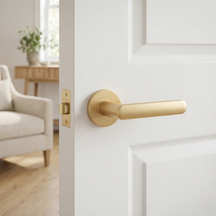 Fragola - Matt Gold Fragola on Round Rosette luxury round internal door handle in matt gold displayed on a white panelled door.