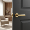 Fragola on Round Rosette luxury round internal door handle in PVD gold fitted to a dark grey modern door.
