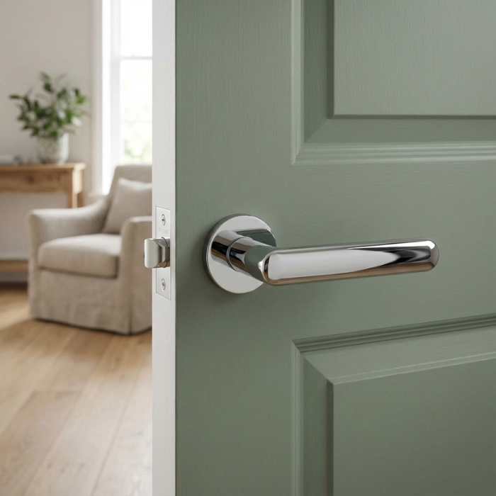 Fragola - Polished Chrome Fragola on Round Rosette luxury round internal door handle in polished chrome on a green interior door.