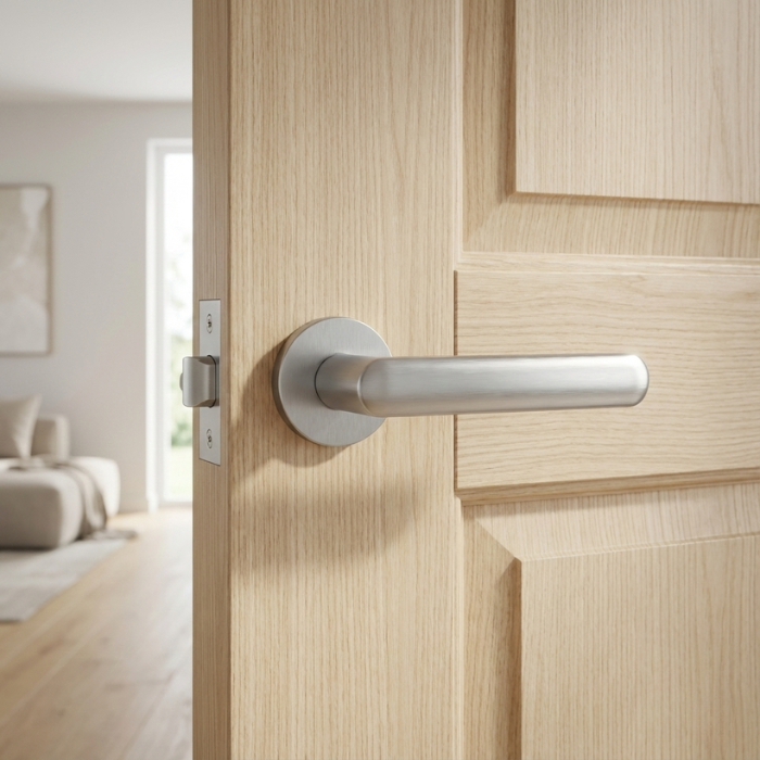 Fragola - Satin Chrome Fragola on Round Rosette luxury round internal door handle in satin chrome on a natural oak door.