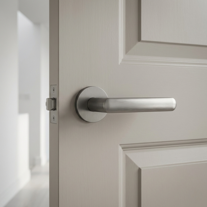 Fragola - Titanium Fragola on Round Rosette luxury round internal door handle in titanium finish on a contemporary neutral door.