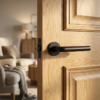Elegant round internal door handle in a matt black Funkia design on a wooden door, styled within a warm modern living room.
