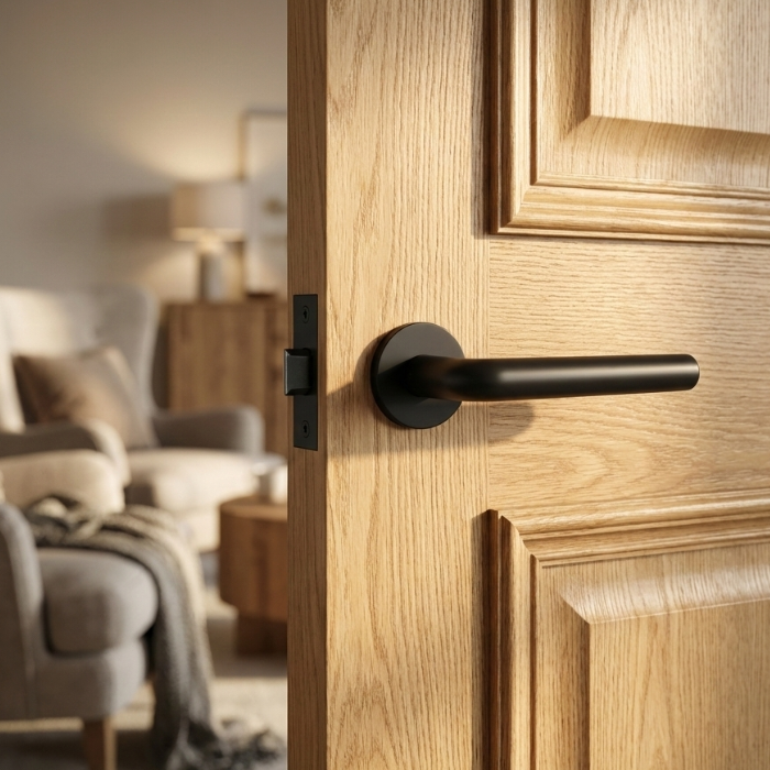 Funkia - Matt Black Elegant round internal door handle in a matt black Funkia design on a wooden door, styled within a warm modern living room.