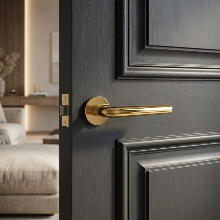 Funkia - PVD Gold Elegant round internal door handle in luxurious PVD gold Funkia design on a dark paneled door in a stylish modern space.