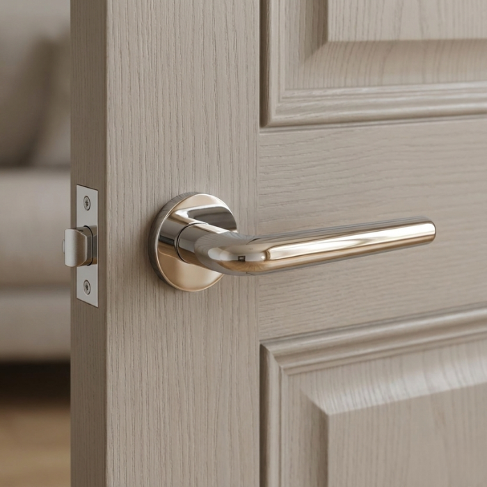 Funkia - Polished Chrome Elegant round internal door handle in polished chrome Funkia design fitted to a light wood door in a contemporary home interior.