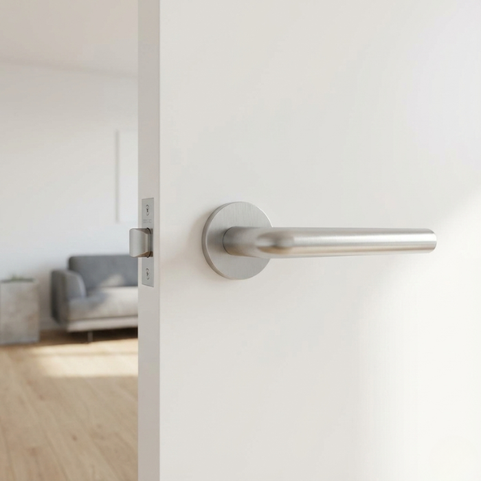 Funkia - Satin Chrome Elegant round internal door handle in satin chrome Funkia design on a white door within a bright minimalist living area.