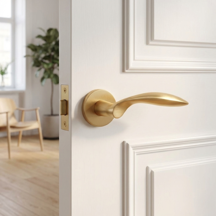 Gerbera - Matt Gold Matt gold Gerbera on Round Rosette, a pair of timeless internal door handles shown on a classic white door in a bright modern interior.