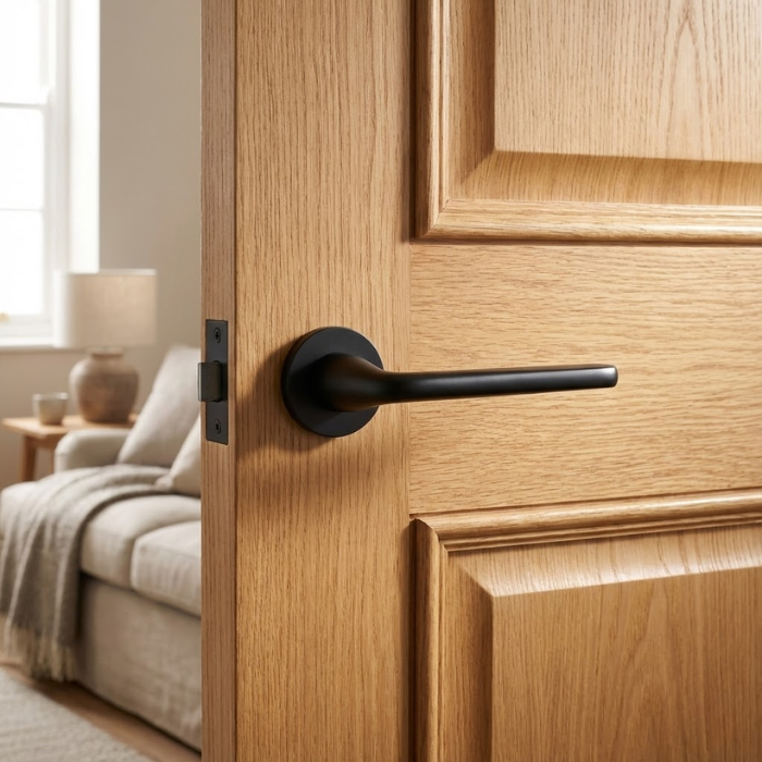 Hiacynta - Matt Black Hiacynta on Round Rosette in matt black, showcasing retro-style internal door handles on a natural oak door.