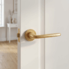 Hiacynta on Round Rosette in matt gold, featuring retro-style internal door handles on a white interior door.