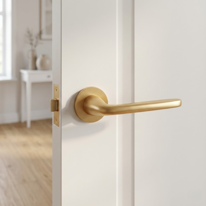 Hiacynta - Matt Gold Hiacynta on Round Rosette in matt gold, featuring retro-style internal door handles on a white interior door.