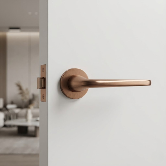 Hiacynta - PVD Copper Hiacynta on Round Rosette in PVD copper, offering retro-style internal door handles on a white modern interior door.