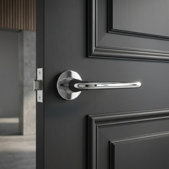 Hiacynta - Polished Chrome Hiacynta on Round Rosette in polished chrome, highlighting retro-style internal door handles on a dark grey panelled door.