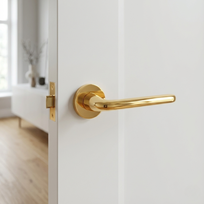 Hiacynta - Polished Gold Hiacynta on Round Rosette in polished gold, presenting retro-style internal door handles on a white cottage-style door.