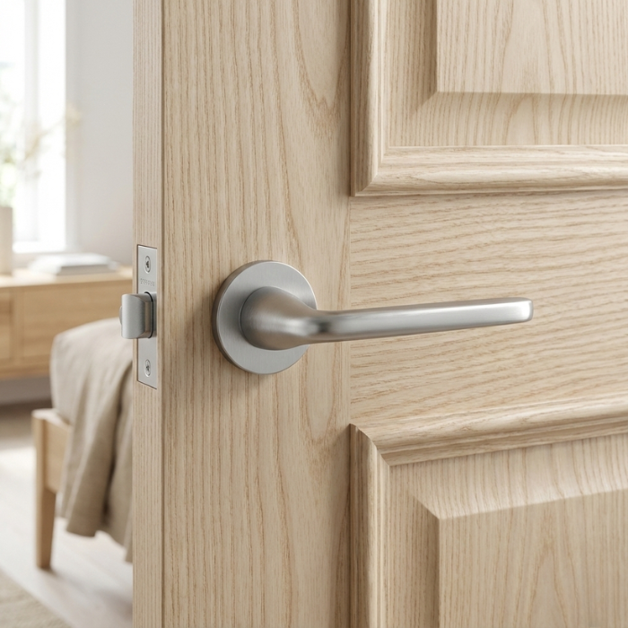 Hiacynta - Satin Chrome Hiacynta on Round Rosette in satin chrome, displaying retro-style internal door handles on a light oak panel door.