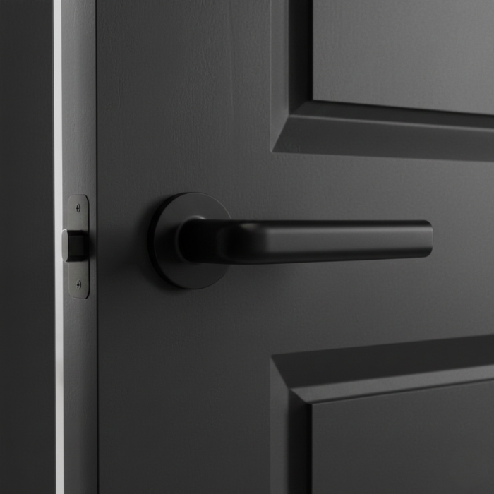 Inula - Matt Black Inula on Round Rosette in matt black, showcasing sophisticated internal door handles on a modern black door.