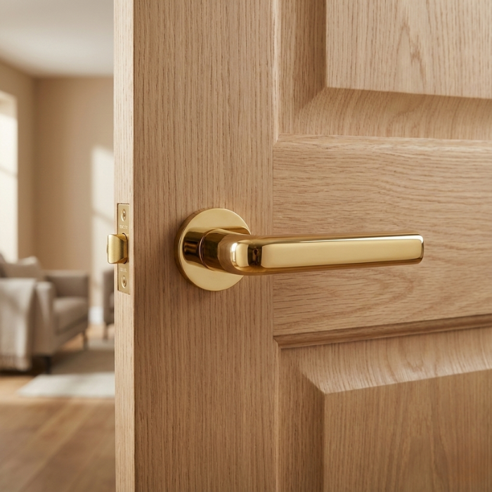 Inula - PVD Gold Inula on Round Rosette in PVD gold, adding a premium touch to sophisticated internal door handles on wooden doors.