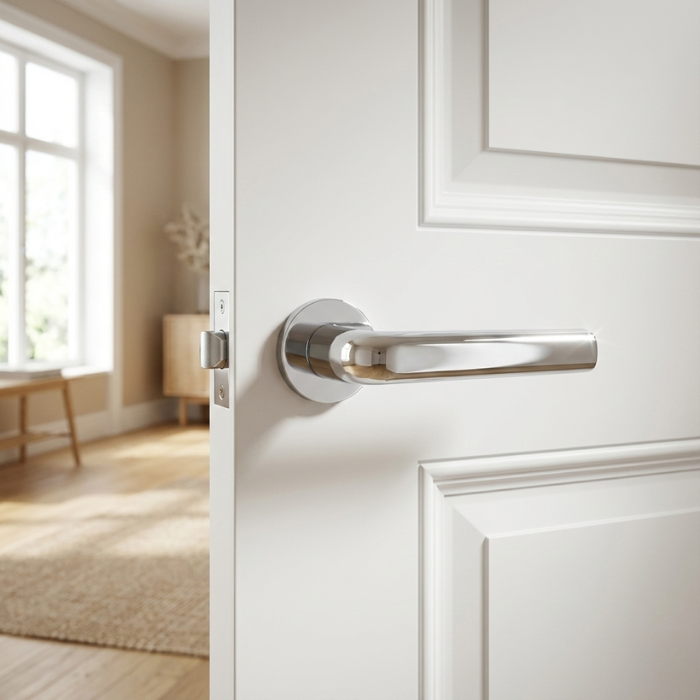 Inula - Polished Chrome Inula on Round Rosette in polished chrome, a sleek choice for sophisticated internal door handles on white interior doors.