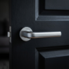 Inula on Round Rosette in satin chrome, featuring contemporary styling for sophisticated internal door handles on dark doors.